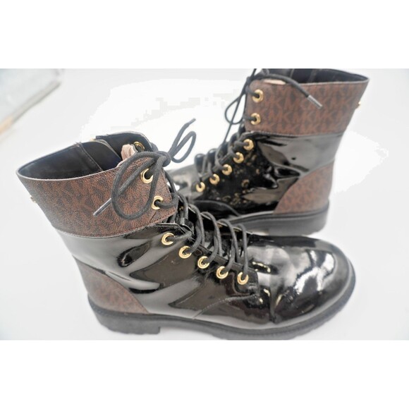 MICHAEL KORS Alistair Signature Monogram Combat Lug Sole Black Leather Boot 10M - Picture 4 of 15